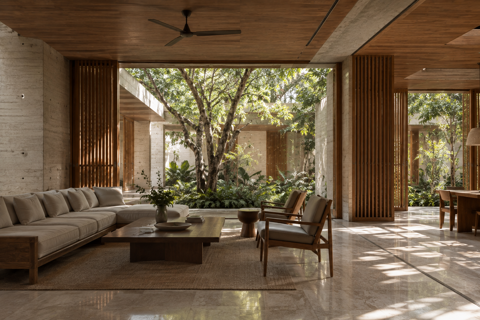 Concrete exterior wall and landscaped courtyard